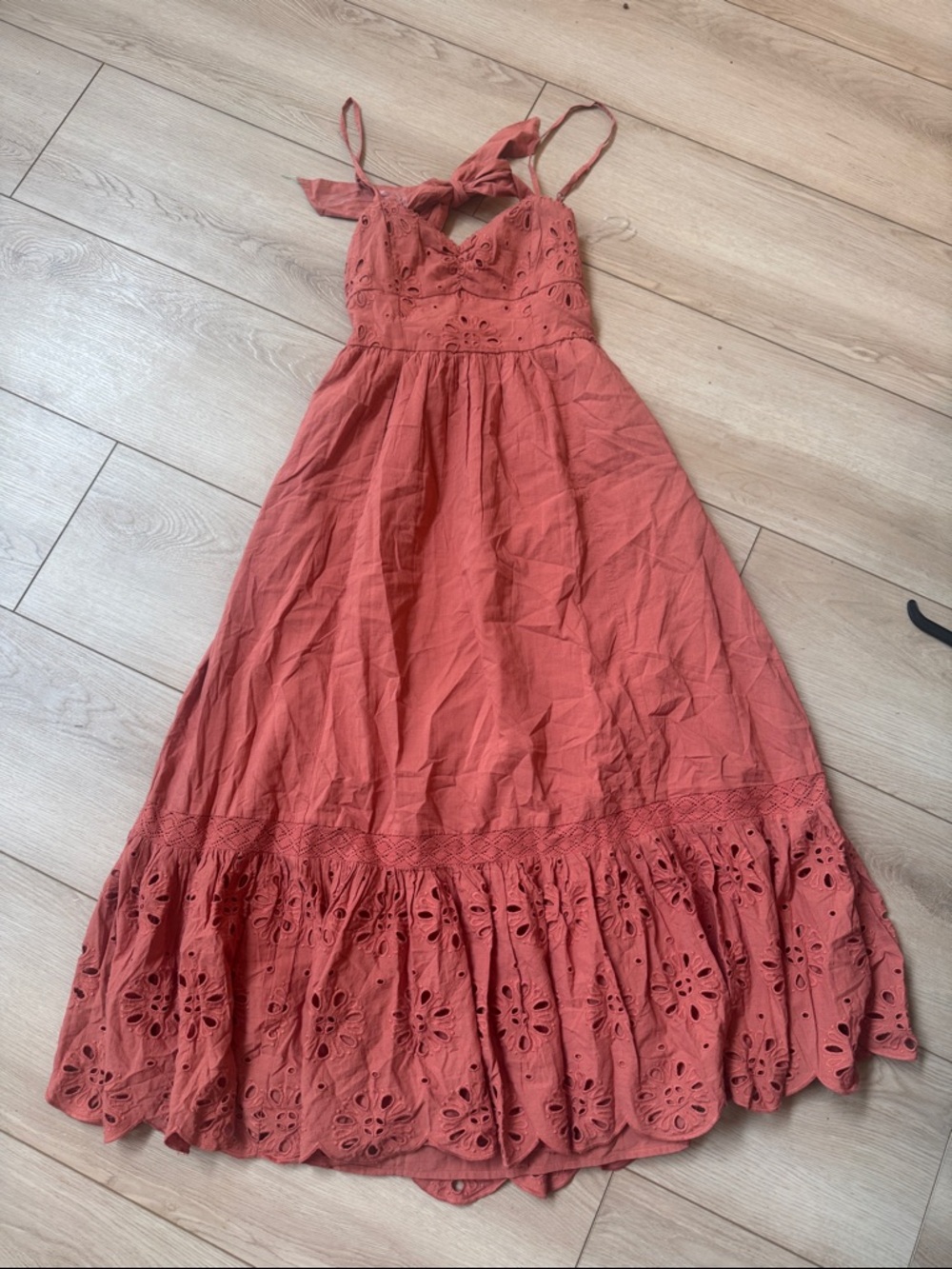 American Eagle Outfitters Rust Tie-Shoulder Eyelet Maxi Dress NWOT SZ XS